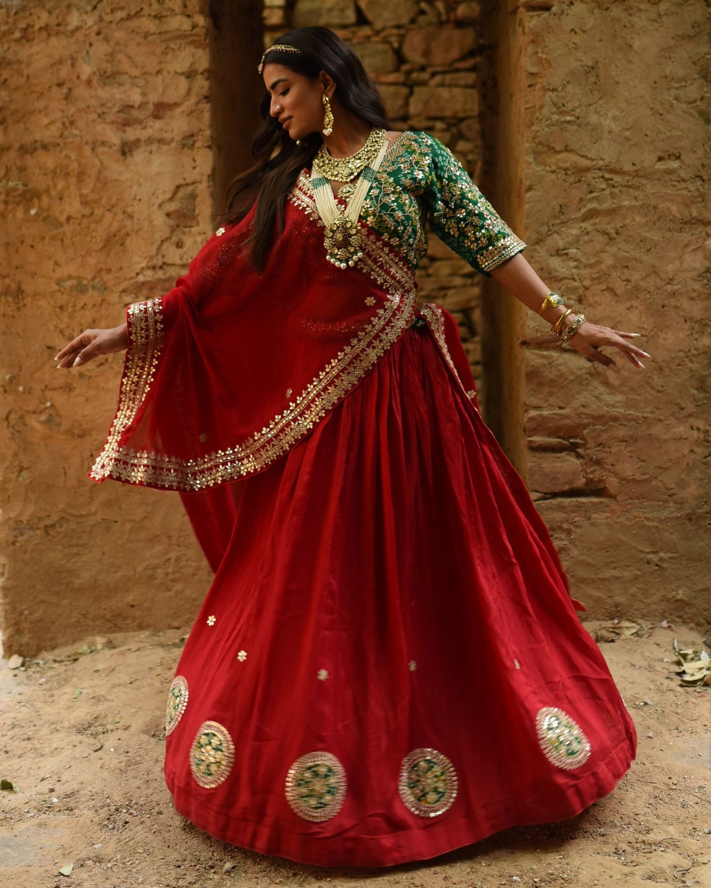 Handcrafted Red Lehenga With Bandhej Charm