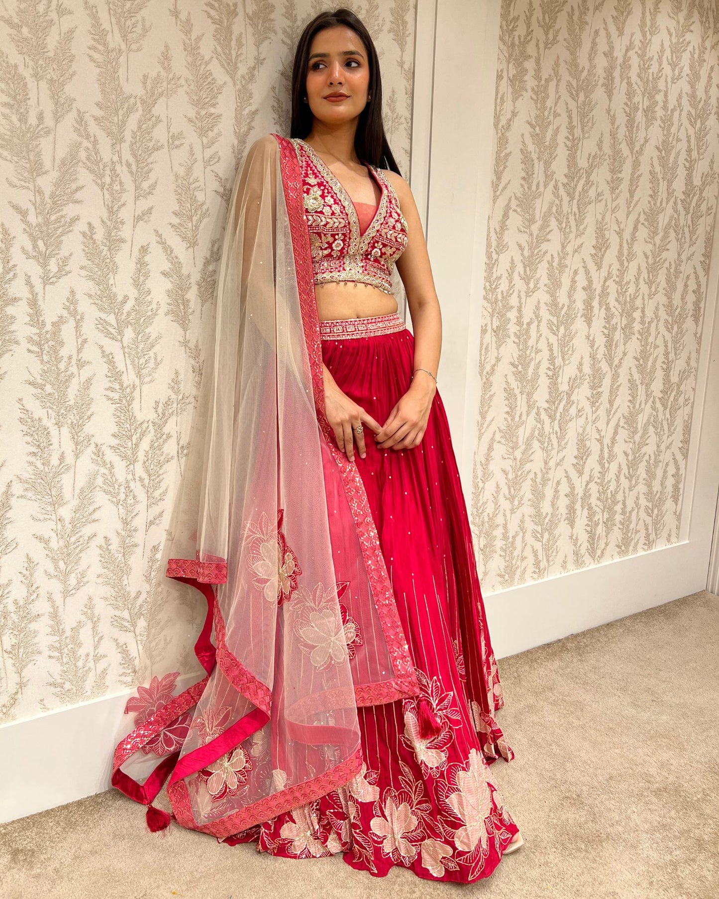 Scarlet Elegance: Applique Work Crop Top Skirt With Net Dupatta