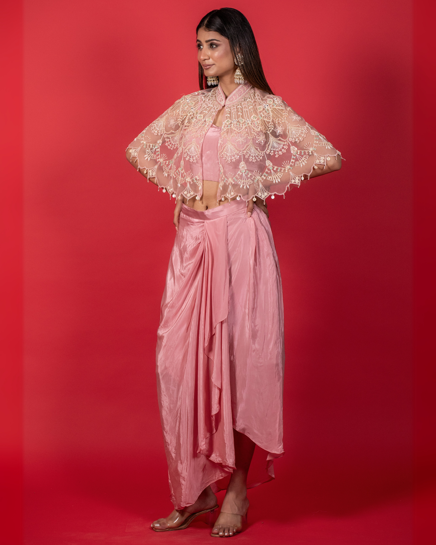 Carnation Pink Cape Indo-western