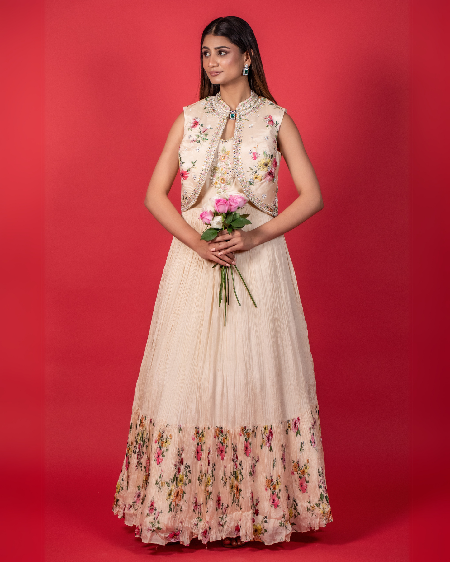Floral Elegance Off-White Gown