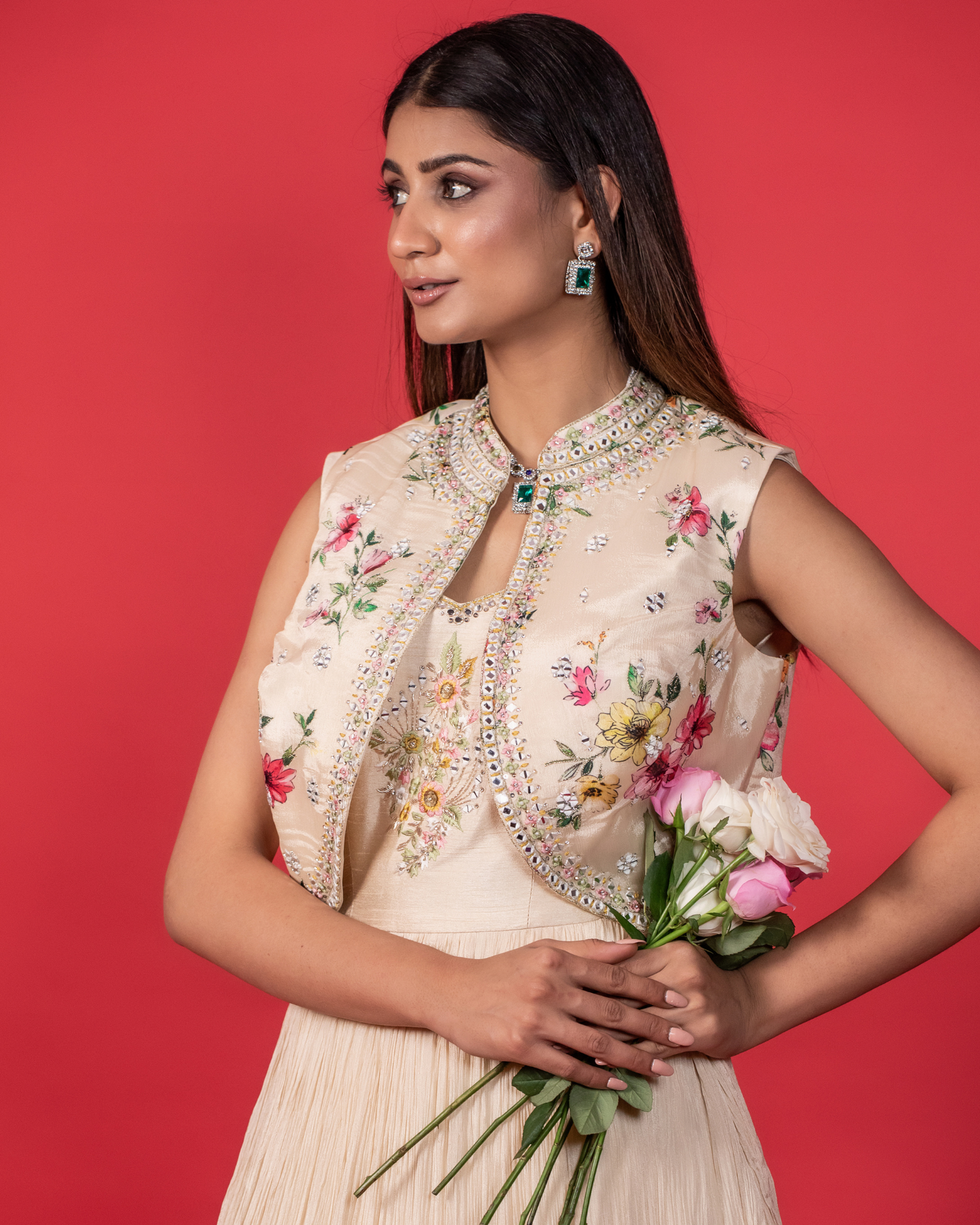 Floral Elegance Off-White Gown