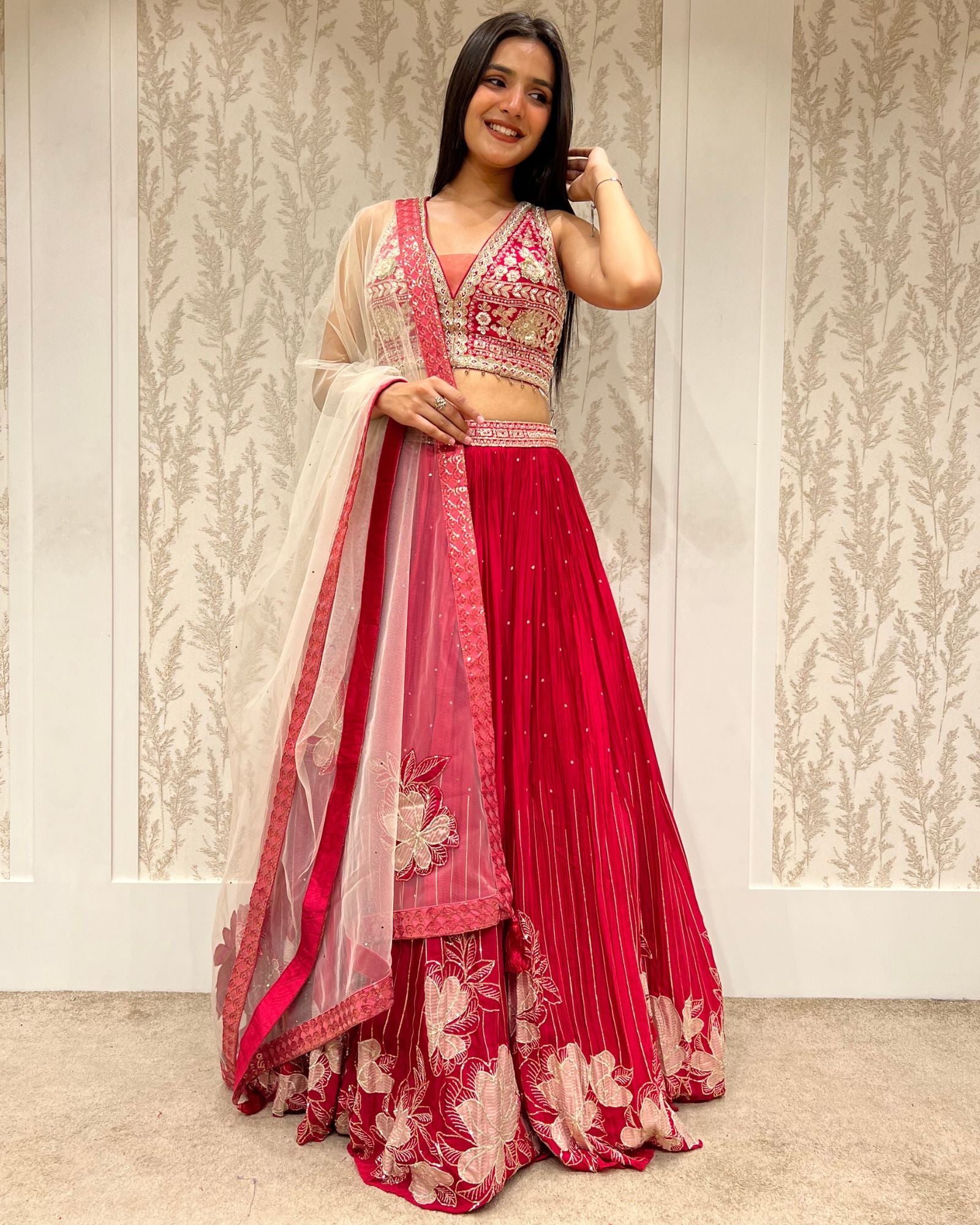 Scarlet Elegance: Applique Work Crop Top Skirt With Net Dupatta