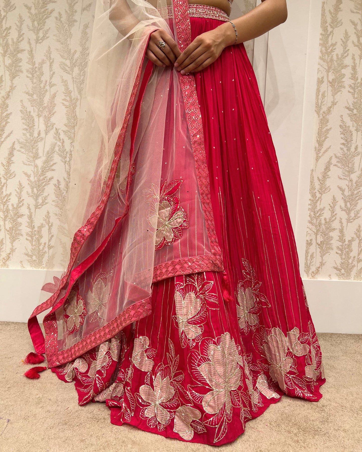 Scarlet Elegance: Applique Work Crop Top Skirt With Net Dupatta