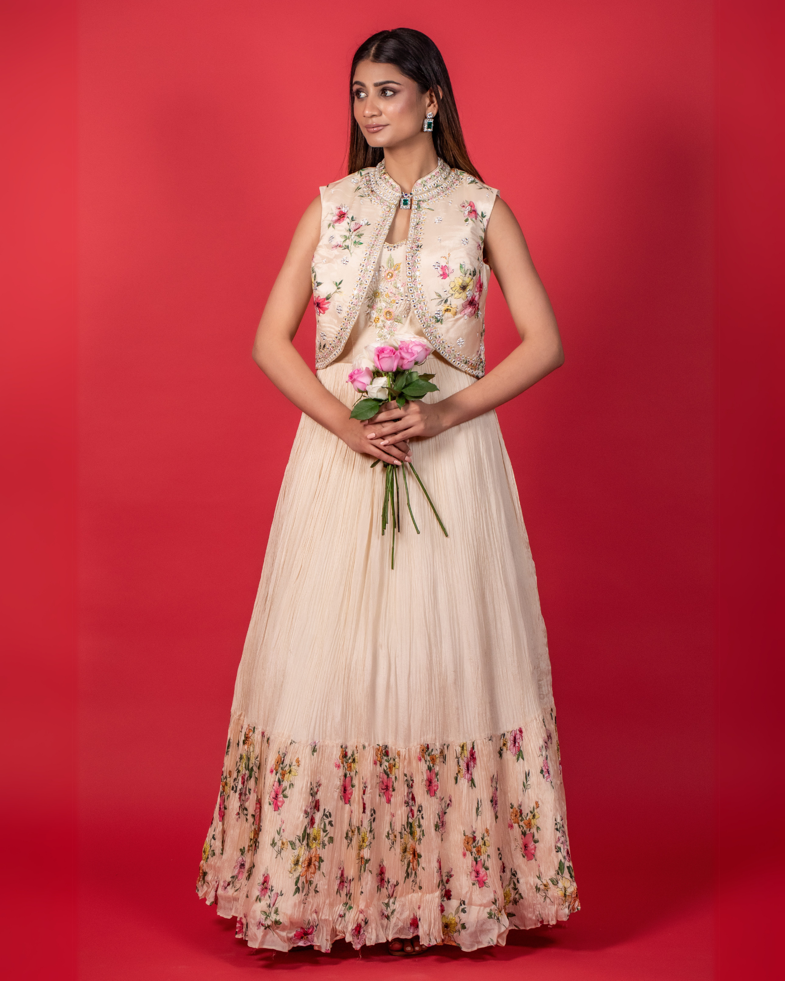 Floral Elegance Off-White Gown – Palki